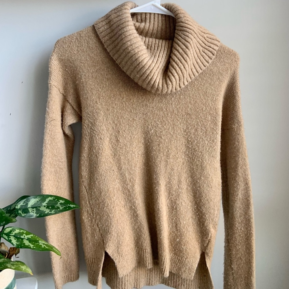 Tan Turtleneck, long sleeved and hits normally just below or around waist level!